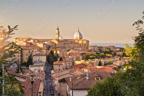 Loreto, Marche, province of Ancona. Panoramic view of the residence of the Basilica della Santa Casa, a popular pilgrimage site for Catholics at sunset.