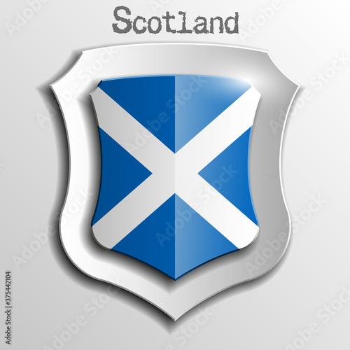 Design shield with the flag of the Kingdom of Scotland. Protect privacy Illustration, badge icon. Origami Banner presentation.