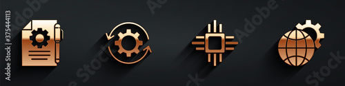Set Document settings and pen, Gear and arrows as workflow, Processor with microcircuits CPU and Globe of the Earth and gear icon with long shadow. Vector.