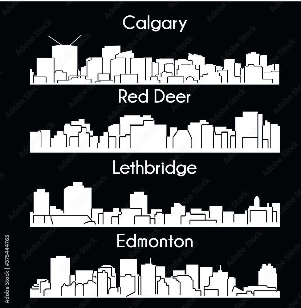 Set of 4 City silhouette in Alberta, Canada ( Calgary, Red Deer, Edmonton, Lethbridge )