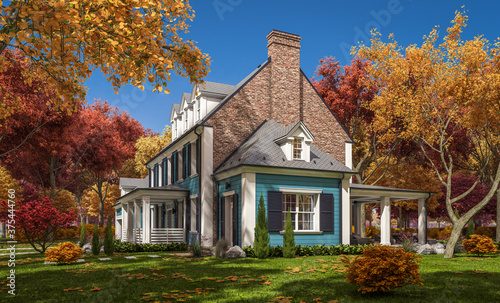 Fotografiet 3d rendering of modern cozy classic house in colonial style with garage and pool for sale or rent with beautiful landscaping on background