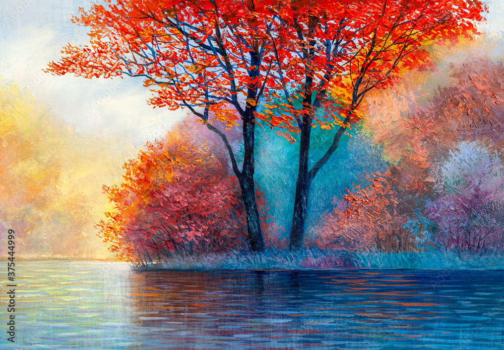 Autumn colorful forest on the lake. Beautiful maple of red color. Contemporary art. - obrazy, fototapety, plakaty 