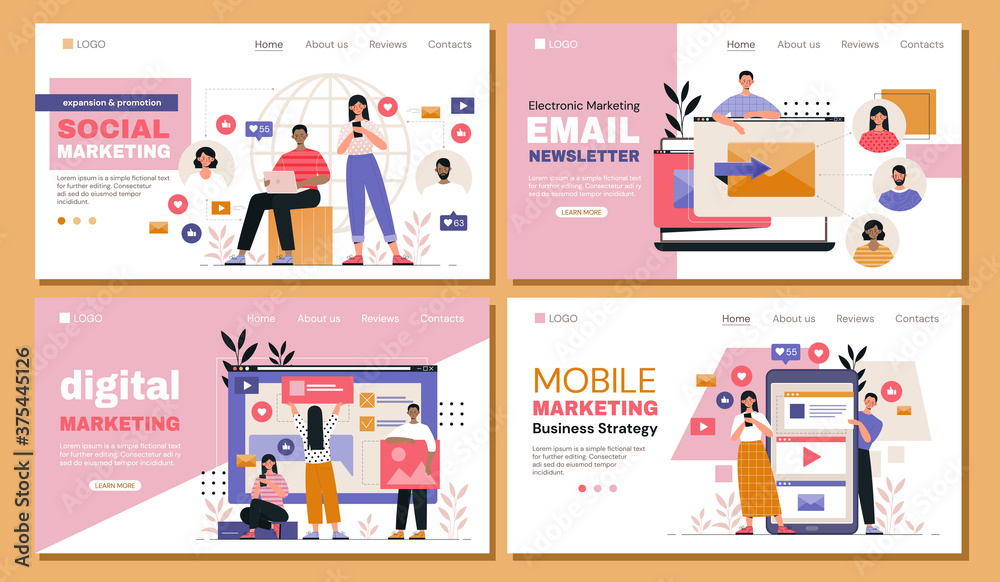 Marketing web page template set with 4 different designs for social ...