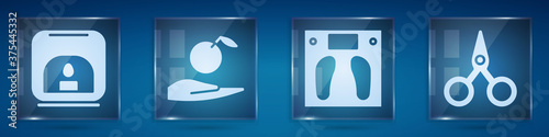 Set Aroma lamp, Apple in hand, Bathroom scales and Scissors. Square glass panels. Vector.