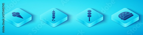 Set Isometric Ice cream in waffle cone, Grilled shish kebab, Burger and Meatballs on wooden stick icon. Vector.