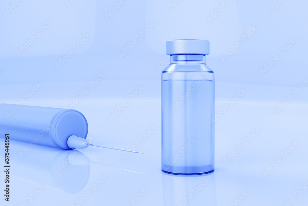 vial and plastic medical syringe with needle, vaccination concept, injection. 3d render vial and plastic medical syringe with needle, vaccination concept, injection. 3d render
