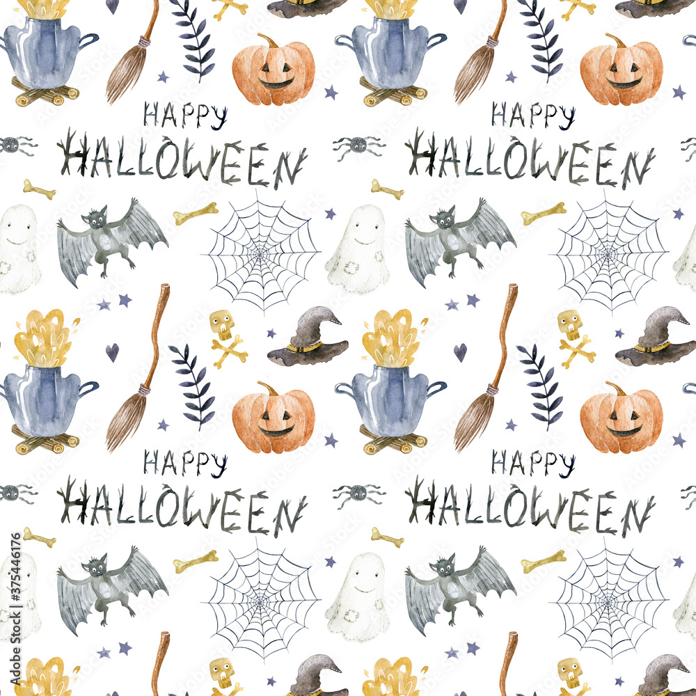 Fototapeta premium Watercolor pattern of elements for halloween party: ghost, pumpkin, hat, broom, cauldron, bat. Hand-drawn illustration isolated on the white background.