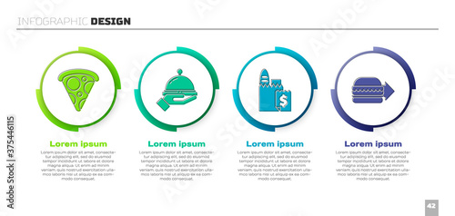 Set Slice of pizza, Covered with a tray of food, Online ordering and delivery and Online ordering burger delivery. Business infographic template. Vector.