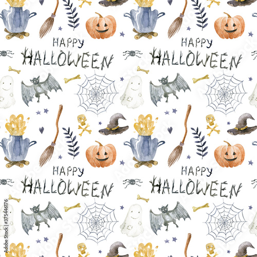 Watercolor pattern of elements for halloween party: ghost, pumpkin, hat, broom, cauldron, bat. Hand-drawn illustration isolated on the white background.