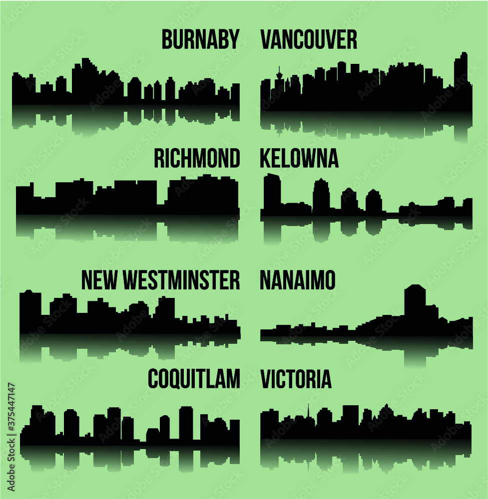 Set of 8 City silhouette in British Columbia, Canada ( Vancouver, Burnaby, Kelowna, Nanaimo, New Westminster, Richmond, Virginia, Coquitlam )