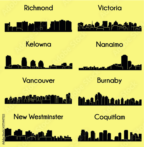 Set of 8 City silhouette in British Columbia, Canada ( Vancouver, Burnaby, Kelowna, Nanaimo, New Westminster, Richmond, Virginia, Coquitlam )