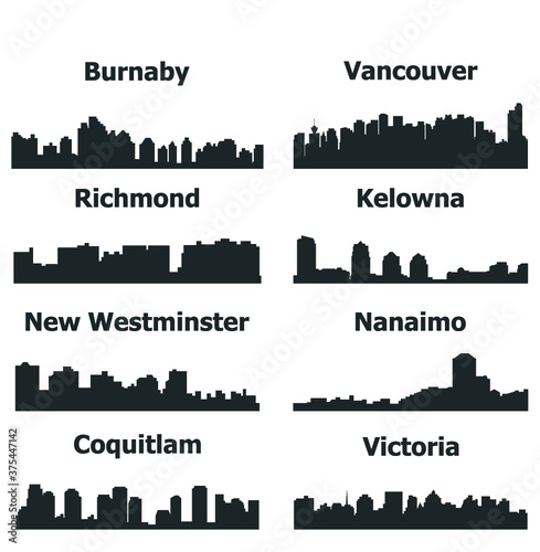 Set of 8 City silhouette in British Columbia, Canada ( Vancouver, Burnaby, Kelowna, Nanaimo, New Westminster, Richmond, Virginia, Coquitlam )