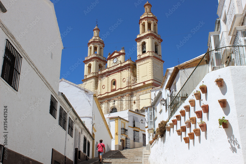 Street of the village of Olvera with the church in the background. Olvera is a village of the province of Cadiz (Spain) 