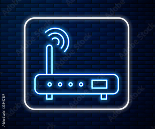 Glowing neon line Router and wi-fi signal icon isolated on brick wall background. Wireless ethernet modem router. Computer technology internet. Vector Illustration.