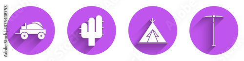Set Wild west covered wagon, Cactus, Indian teepee or wigwam and Pickaxe icon with long shadow. Vector.