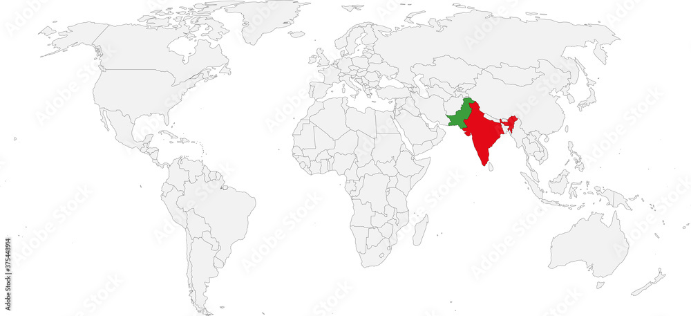 India, Pakistan countries isolated on world map. Business concepts and Backgrounds.