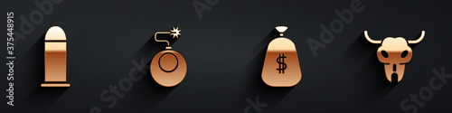 Set Bullet, Bomb ready to explode, Money bag and Buffalo skull icon with long shadow. Vector.