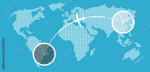 Jet lag concept with different hour time, plane icon between two points of destination on dotted world map in blue background