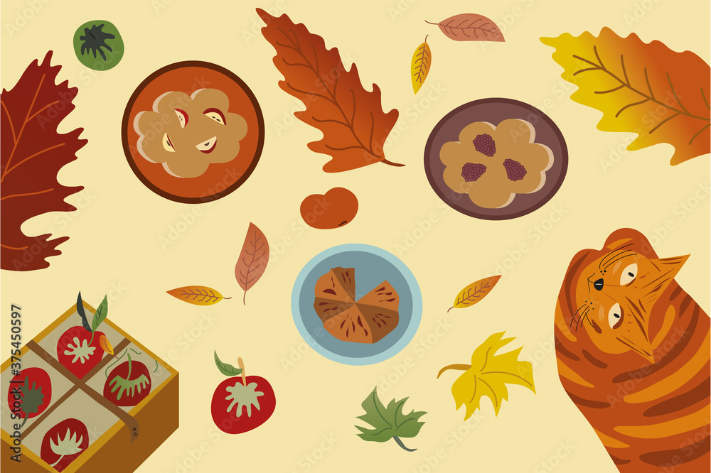 Autumn composition yellow red green leaves blueberry pie apple box ginger cat apple pie cozy atmosphere top view Autumn composition yellow red green leaves blueberry pie apple box ginger cat apple pie cozy atmosphere top view
