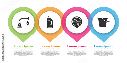 Set Water tap, Container with drain cleaner, Water meter and Bucket. Business infographic template. Vector.