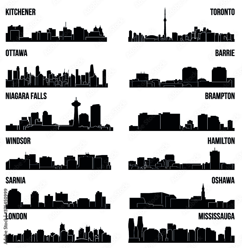 Set of 12 City Silhouette in Ontario, Canada ( Toronto, London, Barrie, Kitchener, Ottawa, Brampton, Windsor, Niagara Falls, Oshawa, Sarnia, Hamilton, Mississauga )
