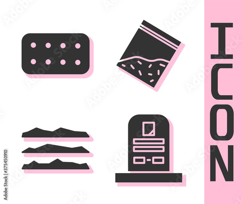 Set Tombstone with RIP written, Pills in blister pack, Cocaine or heroin drug and Plastic bag of drug icon. Vector.