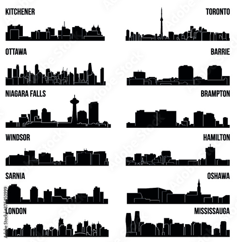 Set of 12 City Silhouette in Ontario, Canada ( Toronto, London, Barrie, Kitchener, Ottawa, Brampton, Windsor, Niagara Falls, Oshawa, Sarnia, Hamilton, Mississauga )