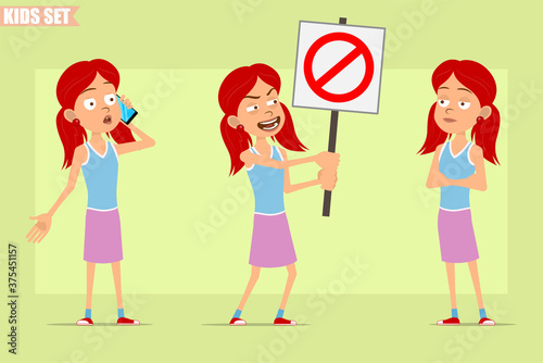 Cartoon flat funny little redhead girl character in violet skirt. Kid talking on phone and holding no entry stop sign. Ready for animation. Isolated on green background. Vector set.
