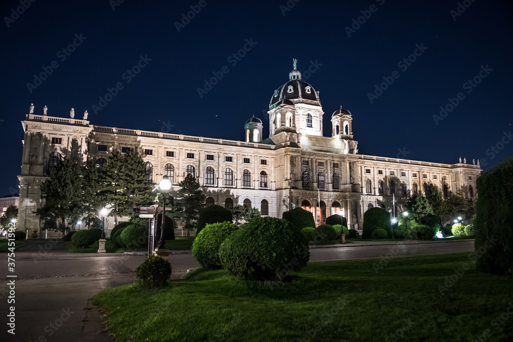 Illuminated Historic Building Of The Museum Of Art In The Inner City Of Vienna In Austria