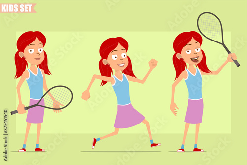 Cartoon flat funny little redhead girl character in violet skirt. Kid running and standing with tennis racket. Ready for animation. Isolated on green background. Vector set.