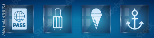 Set Passport, Suitcase, Ice cream in waffle cone and Anchor. Square glass panels. Vector.