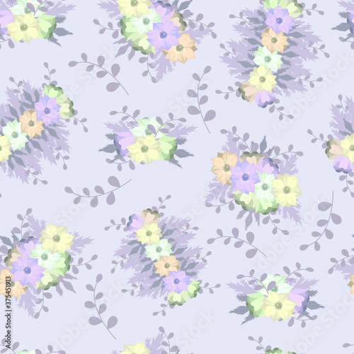 Floral seamless vector pattern with anemones flower and leaf