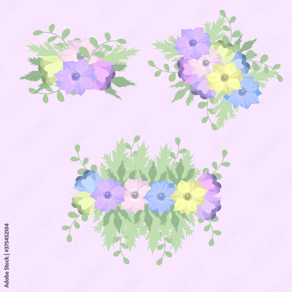 Vector floral set wiyh anemone flowers bouquet and different Leafs