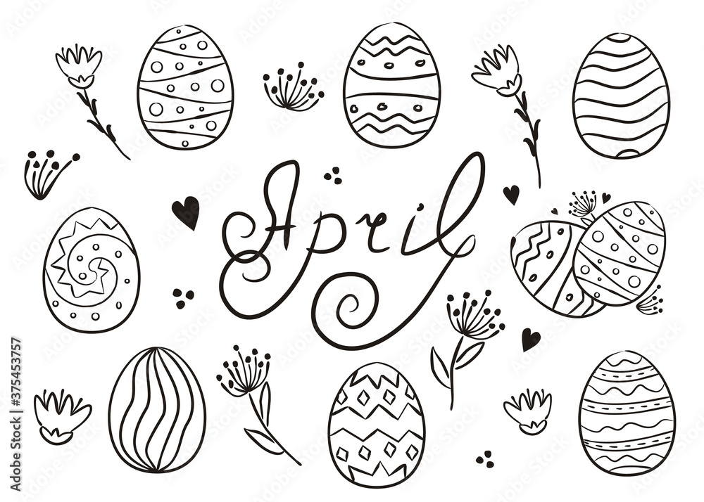 Obraz premium Set of hand drawn April elements isolated on white background. Easter icons in doodle style. Eggs, flowers, Easter decor and the handwritten title April. Vector illustration