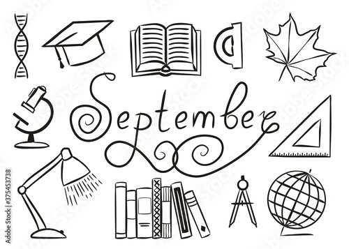 Set of hand drawn September elements isolated on white background. School icons in doodle style. Book, ruler, lamp, globe, microscope and handwritten title September. Vector illustration