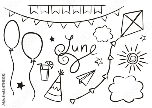 Set of hand drawn June elements isolated on white background. Summer icons in doodlo style. Air kite, balloons, clouds, sun, flags and the handwritten name June. Vector illustration
