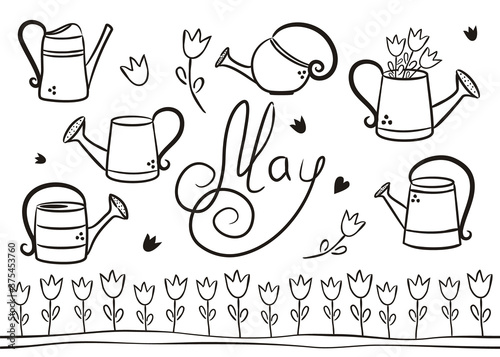 Set of hand drawn May elements isolated on white background. Spring icons in doodle style. Garden watering cans, tulips, a garden bed and the handwritten name May. Vector illustration