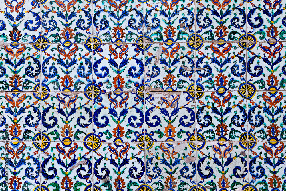 Ancient Iznik tiles on the walls of historical Topkapi Palace in Istanbul, Turkey