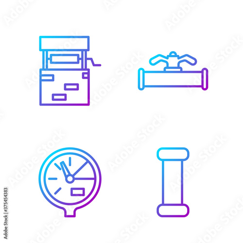 Set line Industry metallic pipe, Water meter, Well and Industry pipe and valve. Gradient color icons. Vector.