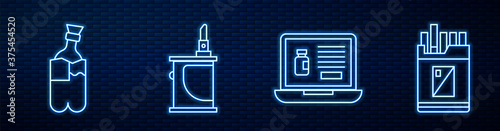 Set line Buying drugs online on laptop, Bong for smoking marijuana, Electronic cigarette and Open cigarettes pack box. Glowing neon icon on brick wall. Vector.