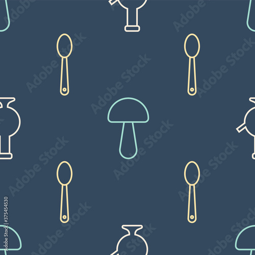 Set line Glass bong for smoking marijuana, Heroin in a spoon and Psilocybin mushroom on seamless pattern. Vector.