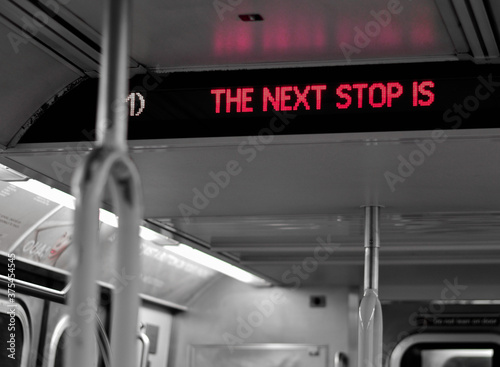 Photography New York Subway Sign Announcing the Next Stop on Digital Screen