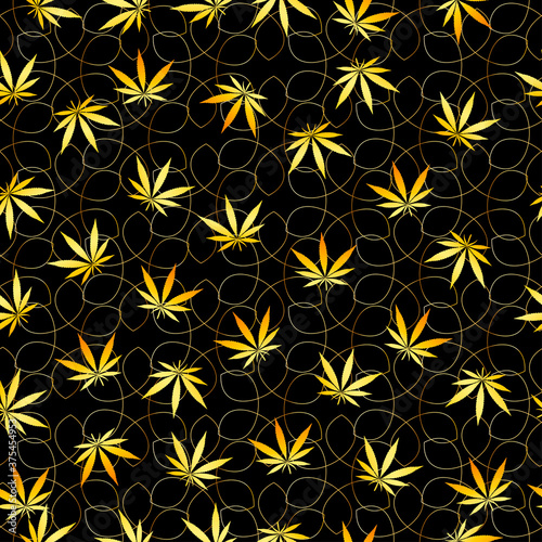 golden hemp leaves on luxury black background seamless pattern