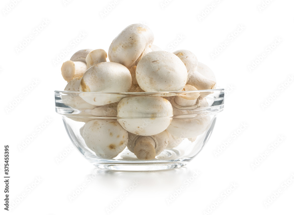 Fresh white champignon mushrooms in bowl. Fresh white champignon mushrooms in bowl.