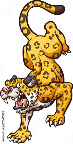 Angry cartoon jaguar walking down. Vector clip art illustration. All on a single layer.
