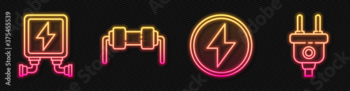 Set line Lightning bolt, Electric transformer, Resistor electricity and Electric plug. Glowing neon icon. Vector.