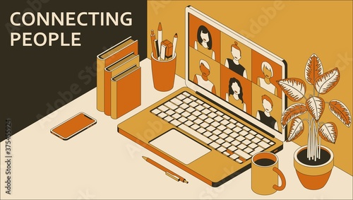 Laptop with group of people doing video conference. Learning or meeting online with teleconference