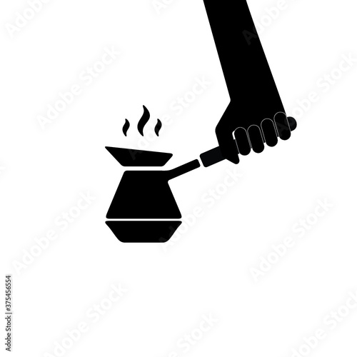 Turkish coffee pot, cezve or ibrik icon. Metal container for making strong Turkish coffee with bean picture. Vector Illustration