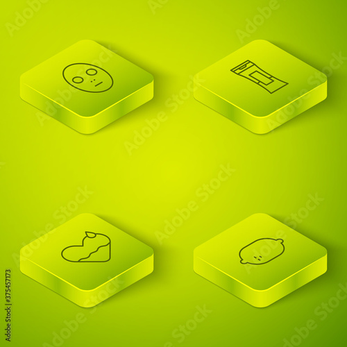 Set Isometric Bottle of shampoo, Heart heal, Lemon and Facial cosmetic mask icon. Vector.