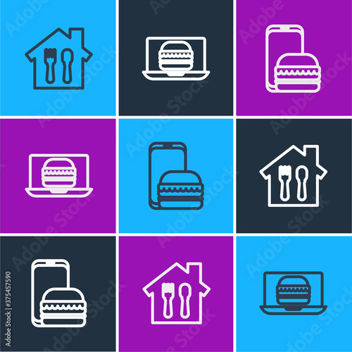 Set line Online ordering and delivery, and burger icon. Vector.